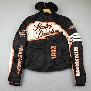 Harley Davidson Motorcycle Jacket Womens S Black Orange 2 Piece Padded Hoodie